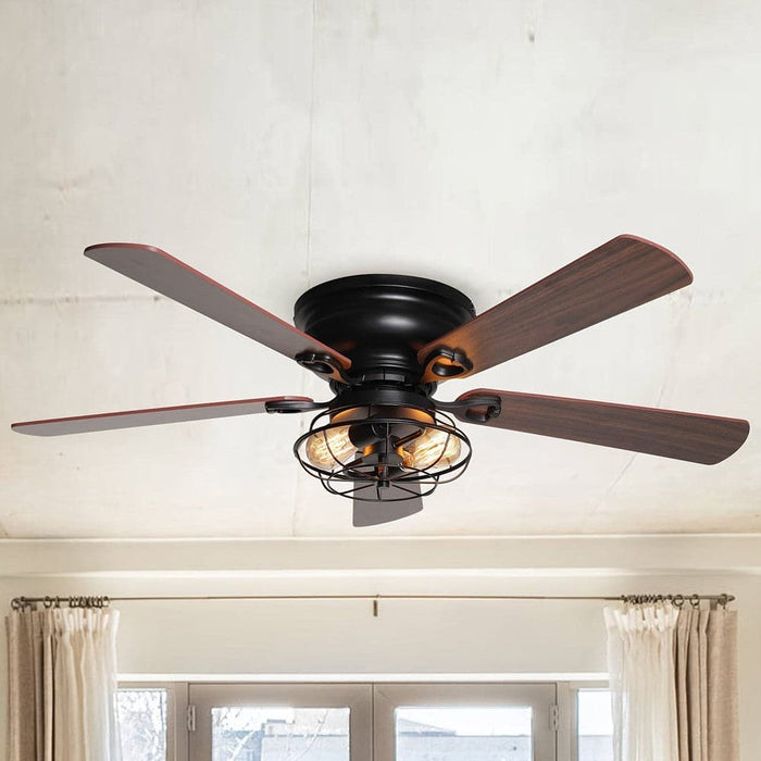 48 in. Modern Black Flush Mount Ceiling Fan with Light Remote, 5-Blade Ceiling Fan with Iron Cage-ErisView