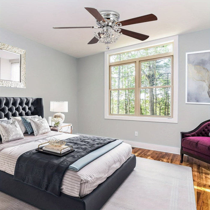 48 in. Modern Chrome Ceiling Fan with Crystal Shade, 5-Blade Reversible Flush Mount Ceiling Fan with Remote-ErisView