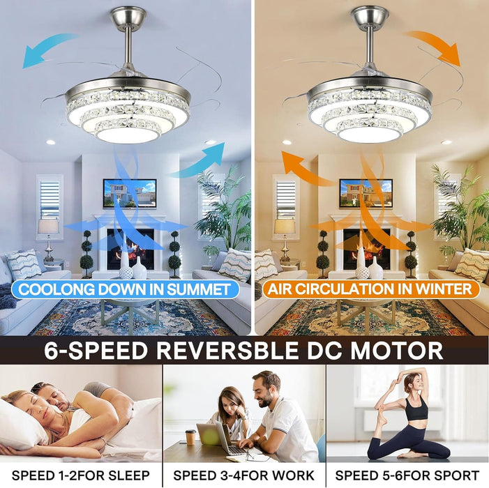 48 in. Modern Crystal Ceiling Fan with Light Remote, Retractable LED Ceiling Fan Chandelier for Living Room Bedroom, Dining Room-5-ErisView