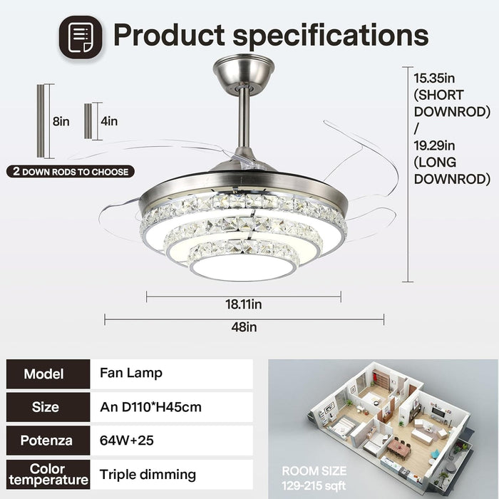 48 in. Modern Crystal Ceiling Fan with Light Remote, Retractable LED Ceiling Fan Chandelier for Living Room Bedroom, Dining Room-6-ErisView