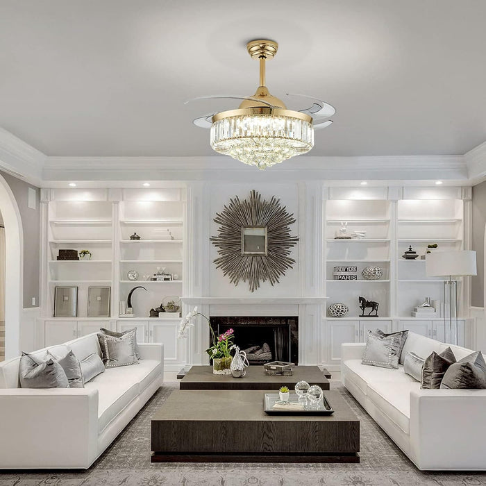 48 in. Modern Gold Crystal Ceiling Fan with Light and Remote, Chandelier Fandelier for Bedroom, Invisible Ceiling Fan for Kitchen Dining Room Living Room-3-ErisView