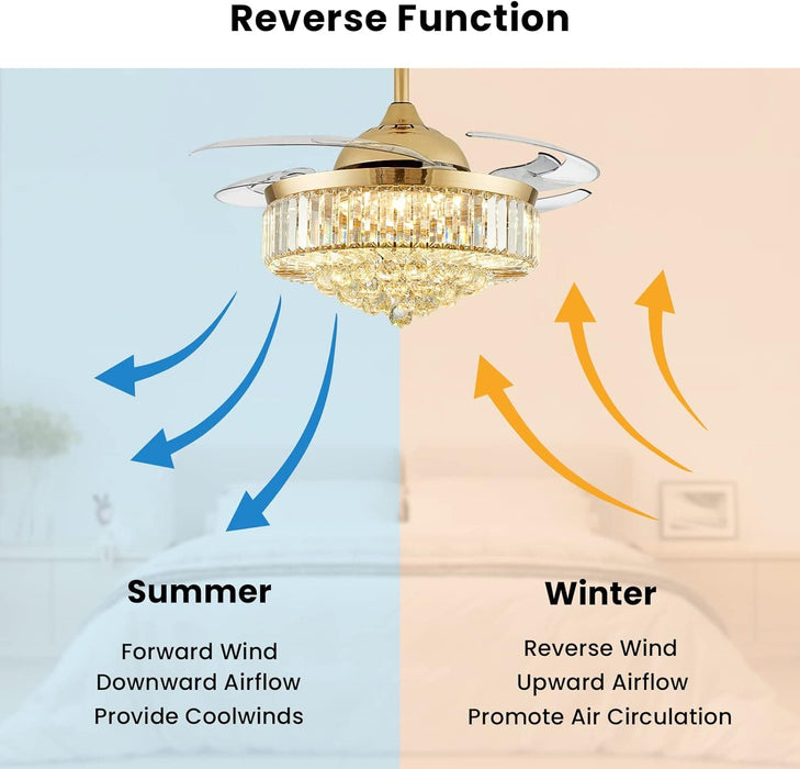 48 in. Modern Gold Crystal Ceiling Fan with Light and Remote, Chandelier Fandelier for Bedroom, Invisible Ceiling Fan for Kitchen Dining Room Living Room-4-ErisView