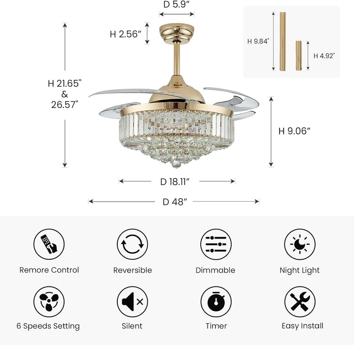 48 in. Modern Gold Crystal Ceiling Fan with Light and Remote, Chandelier Fandelier for Bedroom, Invisible Ceiling Fan for Kitchen Dining Room Living Room-5-ErisView
