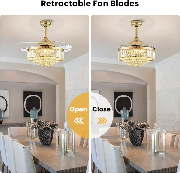 48 in. Modern Gold Crystal Ceiling Fan with Light and Remote, Chandelier Fandelier for Bedroom, Invisible Ceiling Fan for Kitchen Dining Room Living Room-6-ErisView