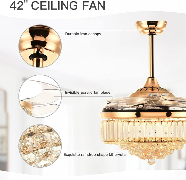 48 in. Modern Gold Crystal Ceiling Fan with Light and Remote, Chandelier Fandelier for Bedroom, Invisible Ceiling Fan for Kitchen Dining Room Living Room-7-ErisView