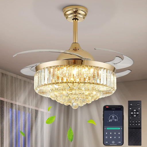48 in. Modern Gold Crystal Ceiling Fan with Light and Remote, Chandelier Fandelier for Bedroom, Invisible Ceiling Fan for Kitchen Dining Room Living Room-1-ErisView