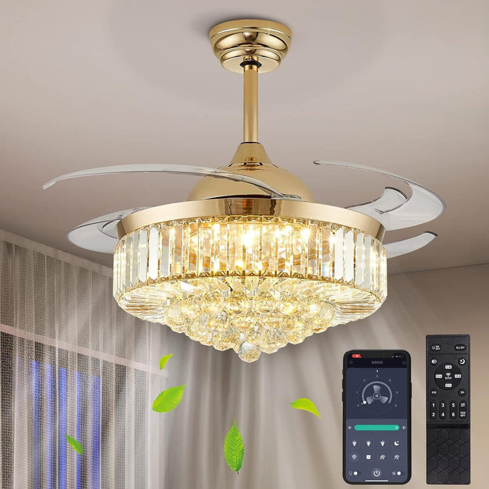 48 in. Modern Gold Crystal Ceiling Fan with Light and Remote, Chandelier Fandelier for Bedroom, Invisible Ceiling Fan for Kitchen Dining Room Living Room-1-ErisView