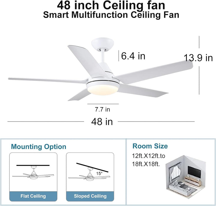 48 in. Modern White Ceiling Fan with Lights Remote, Reversible Dimmable Quiet Ceiling Fans for Bedroom Living Room Dining Room Patio-8-ErisView