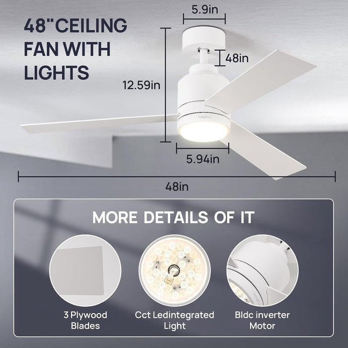 48 in. Modern White Ceiling Fan with Remote, 5 Reversible Blade Quiet Ceiling Fans, Dimmable Light and Dark Ceiling Fan for Bedroom Living Room Dining Room-4-ErisView