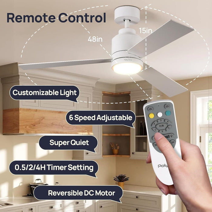 48 in. Modern White Ceiling Fan with Remote, 5 Reversible Blade Quiet Ceiling Fans, Dimmable Light and Dark Ceiling Fan for Bedroom Living Room Dining Room-5-ErisView