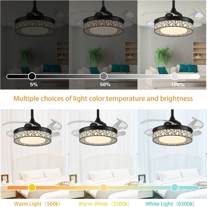 48 in. Pretty Ceiling Fans with Dimmable Lights and APP Remote, Retractable Quiet Ceiling Fans for Bedroom Living Room, Bathroom Ceiling Fan with Light-4-ErisView