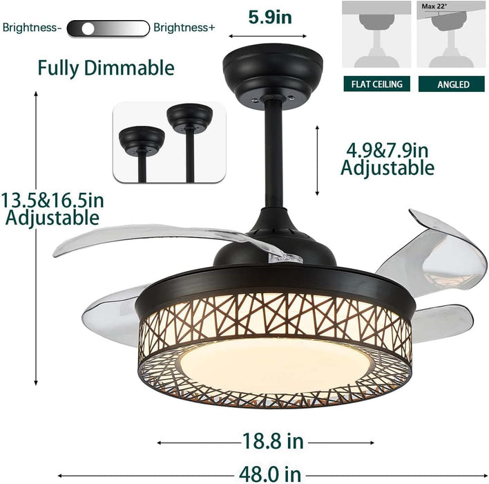 48 in. Pretty Ceiling Fans with Dimmable Lights and APP Remote, Retractable Quiet Ceiling Fans for Bedroom Living Room, Bathroom Ceiling Fan with Light-6-ErisView