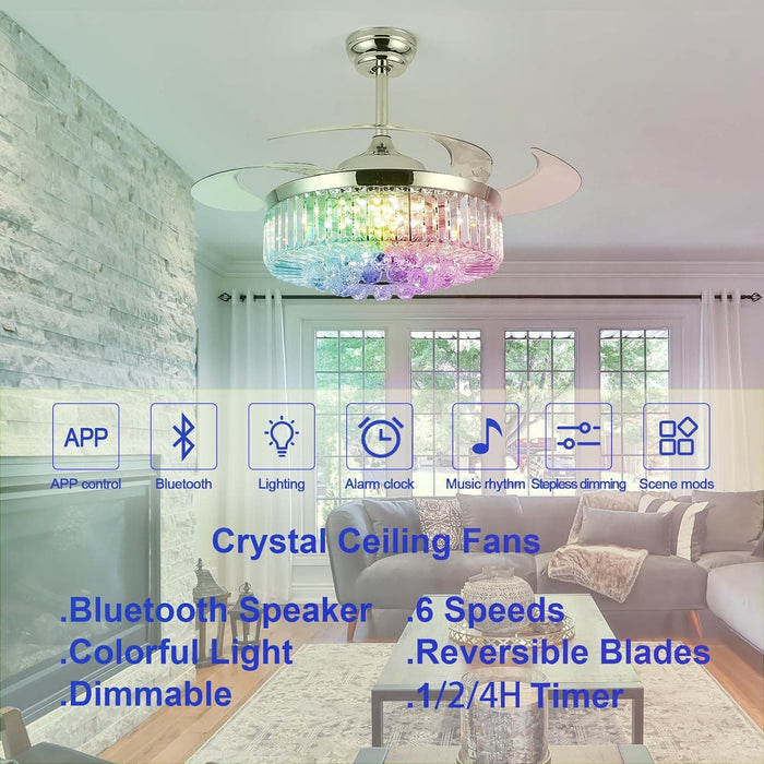 48 in. RGB Crystal Ceiling Fan with Lights and Bluetooth Speaker, Chrome Retractable Fandelier Chandelier Ceiling Fan with APP Remote Control, -2-ErisView