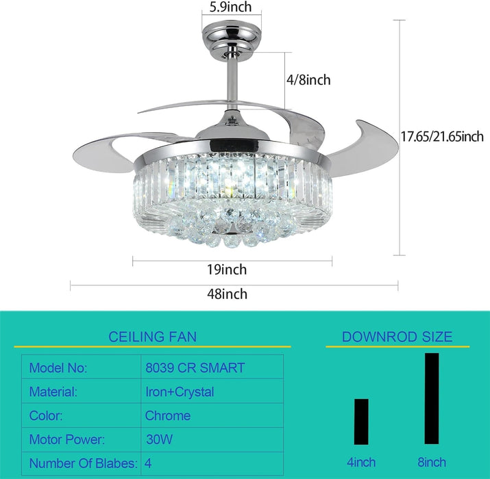 48 in. RGB Crystal Ceiling Fan with Lights and Bluetooth Speaker, Chrome Retractable Fandelier Chandelier Ceiling Fan with APP Remote Control, -3-ErisView
