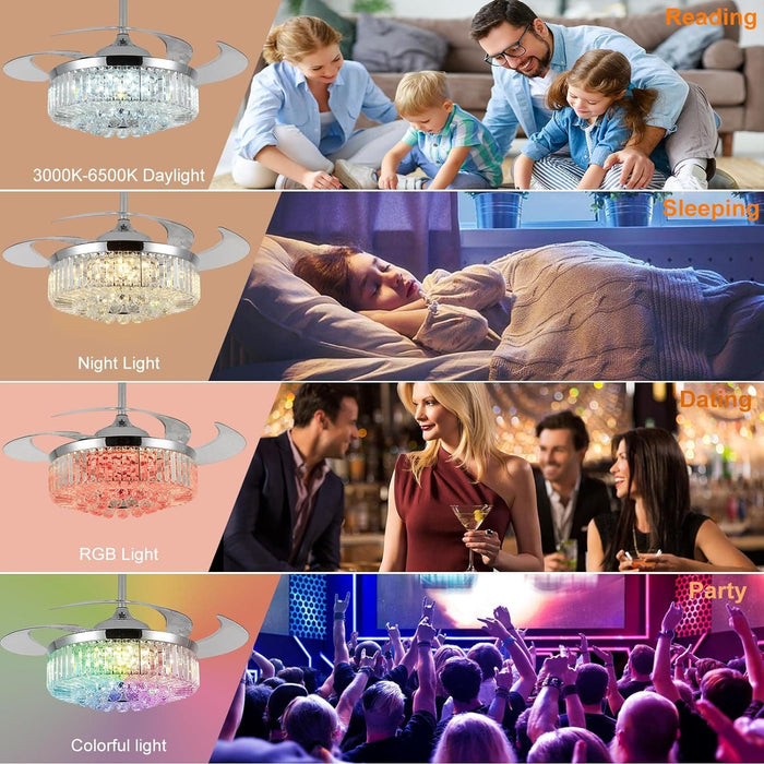 48 in. RGB Crystal Ceiling Fan with Lights and Bluetooth Speaker, Chrome Retractable Fandelier Chandelier Ceiling Fan with APP Remote Control, -4-ErisView