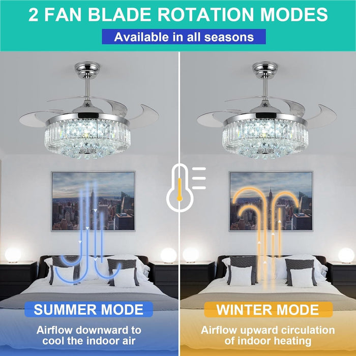 48 in. RGB Crystal Ceiling Fan with Lights and Bluetooth Speaker, Chrome Retractable Fandelier Chandelier Ceiling Fan with APP Remote Control, -5-ErisView