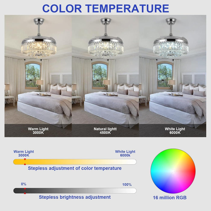 48 in. RGB Crystal Ceiling Fan with Lights and Bluetooth Speaker, Chrome Retractable Fandelier Chandelier Ceiling Fan with APP Remote Control, -6-ErisView