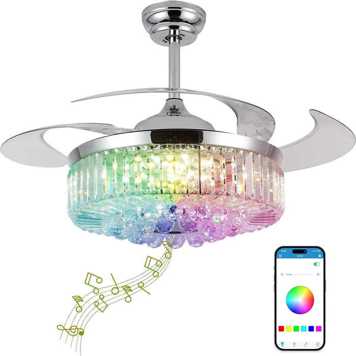 48 in. RGB Crystal Ceiling Fan with Lights and Bluetooth Speaker, Chrome Retractable Fandelier Chandelier Ceiling Fan with APP Remote Control, -8-ErisView
