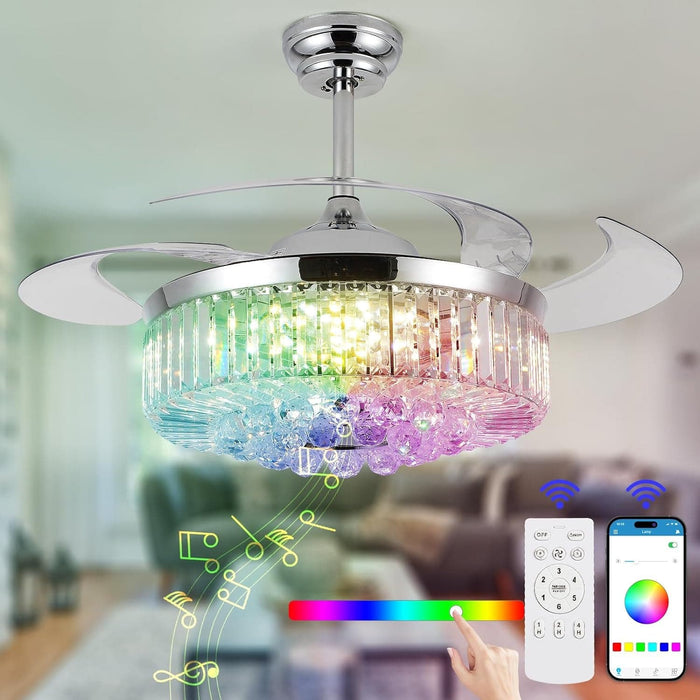 48 in. RGB Crystal Ceiling Fan with Lights and Bluetooth Speaker, Chrome Retractable Fandelier Chandelier Ceiling Fan with APP Remote Control, -1-ErisView