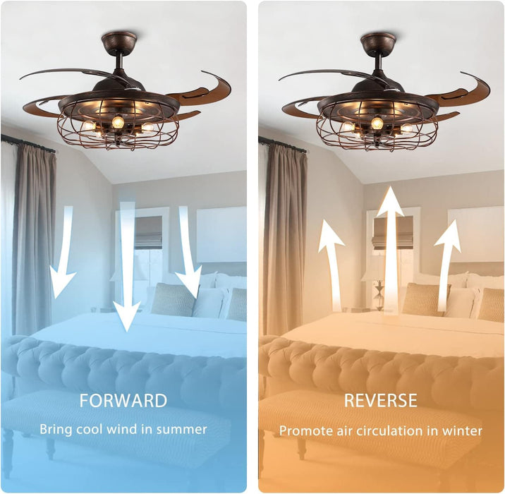 48 in. Retractable Caged Ceiling Fan with Light and Remote Control, Reverse Industrial Fandelier Chandelier for Bedroom Living Room Dining Room-3-ErisView