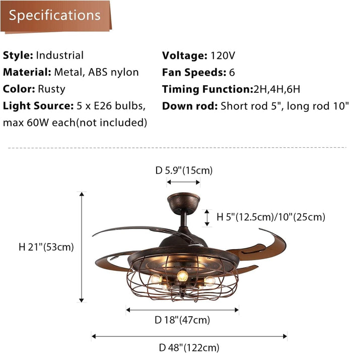 48 in. Retractable Caged Ceiling Fan with Light and Remote Control, Reverse Industrial Fandelier Chandelier for Bedroom Living Room Dining Room-4-ErisView