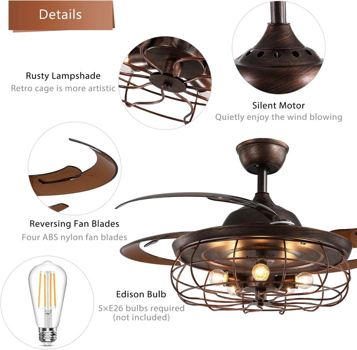 48 in. Retractable Caged Ceiling Fan with Light and Remote Control, Reverse Industrial Fandelier Chandelier for Bedroom Living Room Dining Room-5-ErisView