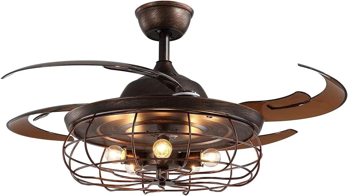 48 in. Retractable Caged Ceiling Fan with Light and Remote Control, Reverse Industrial Fandelier Chandelier for Bedroom Living Room Dining Room-7-ErisView