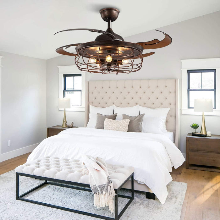 48 in. Retractable Caged Ceiling Fan with Light and Remote Control, Reverse Industrial Fandelier Chandelier for Bedroom Living Room Dining Room-9-ErisView