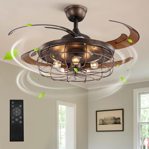 48 in. Retractable Caged Ceiling Fan with Light and Remote Control, Reverse Industrial Fandelier Chandelier for Bedroom Living Room Dining Room-1-ErisView