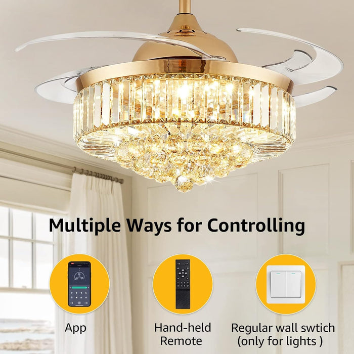 48 in. Retractable Crystal Ceiling Fan with Lights and Remote APP Control, Smart Modern Gold Ceiling Fan Chandelier for Living Room Dining Room Bedroom-2-ErisView