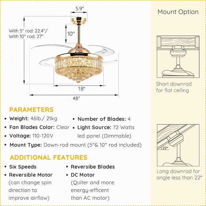 48 in. Retractable Crystal Ceiling Fan with Lights and Remote APP Control, Smart Modern Gold Ceiling Fan Chandelier for Living Room Dining Room Bedroom-6-ErisView