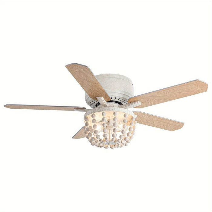 48 in. White Farmhouse 5-Blade Flush Mount Ceiling Fan with Light Kit and Remote Control, Reversible Ceiling Fan with Wooden Beads-ErisView