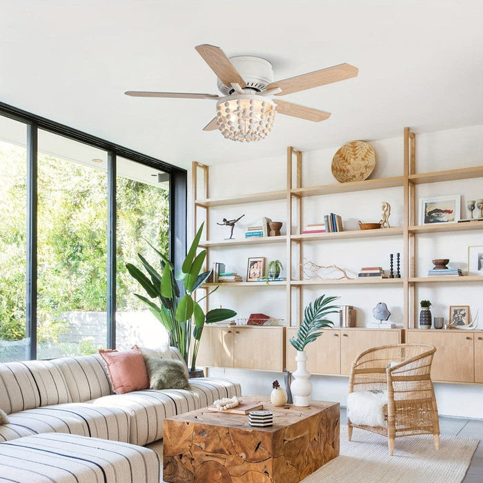 48 in. White Farmhouse 5-Blade Flush Mount Ceiling Fan with Light Kit and Remote Control, Reversible Ceiling Fan with Wooden Beads-ErisView