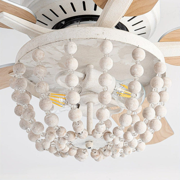 48 in. White Farmhouse 5-Blade Flush Mount Ceiling Fan with Light Kit and Remote Control, Reversible Ceiling Fan with Wooden Beads-ErisView