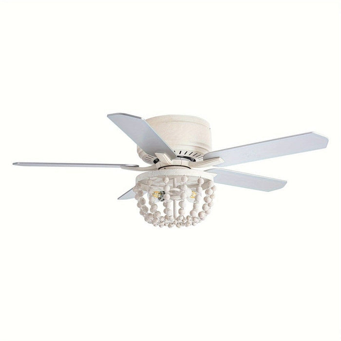 48 in. White Farmhouse 5-Blade Flush Mount Ceiling Fan with Light Kit and Remote Control, Reversible Ceiling Fan with Wooden Beads-ErisView