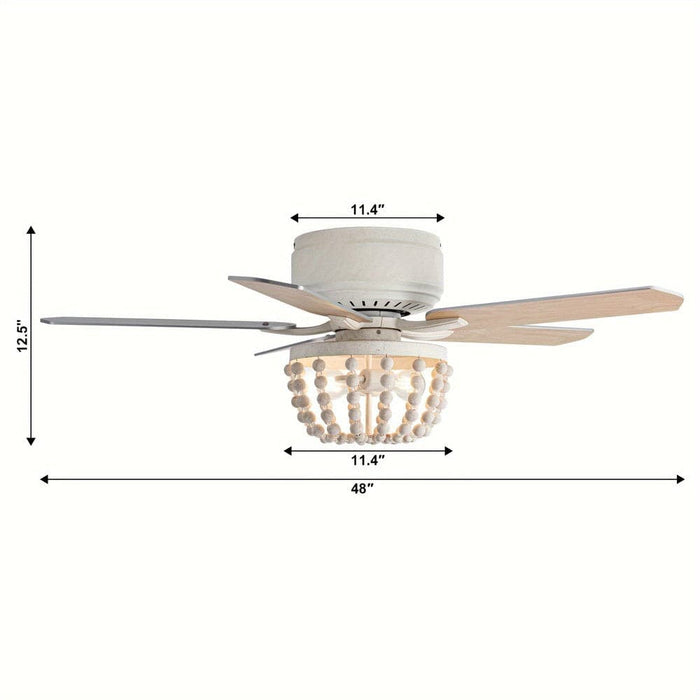 48 in. White Farmhouse 5-Blade Flush Mount Ceiling Fan with Light Kit and Remote Control, Reversible Ceiling Fan with Wooden Beads-ErisView