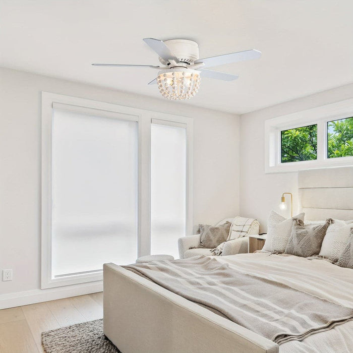 48 in. White Farmhouse 5-Blade Flush Mount Ceiling Fan with Light Kit and Remote Control, Reversible Ceiling Fan with Wooden Beads-ErisView
