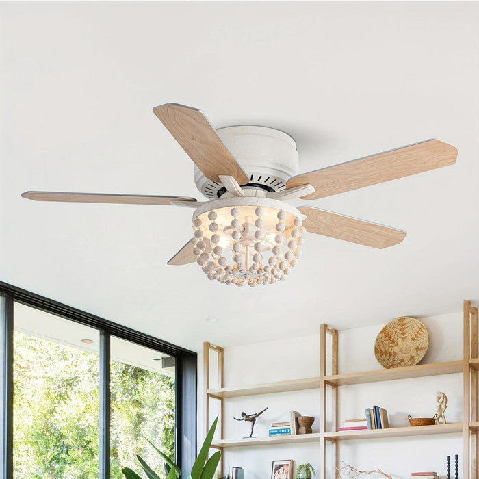 48 in. White Farmhouse 5-Blade Flush Mount Ceiling Fan with Light Kit and Remote Control, Reversible Ceiling Fan with Wooden Beads-ErisView