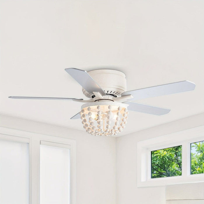 48 in. White Farmhouse 5-Blade Flush Mount Ceiling Fan with Light Kit and Remote Control, Reversible Ceiling Fan with Wooden Beads-ErisView