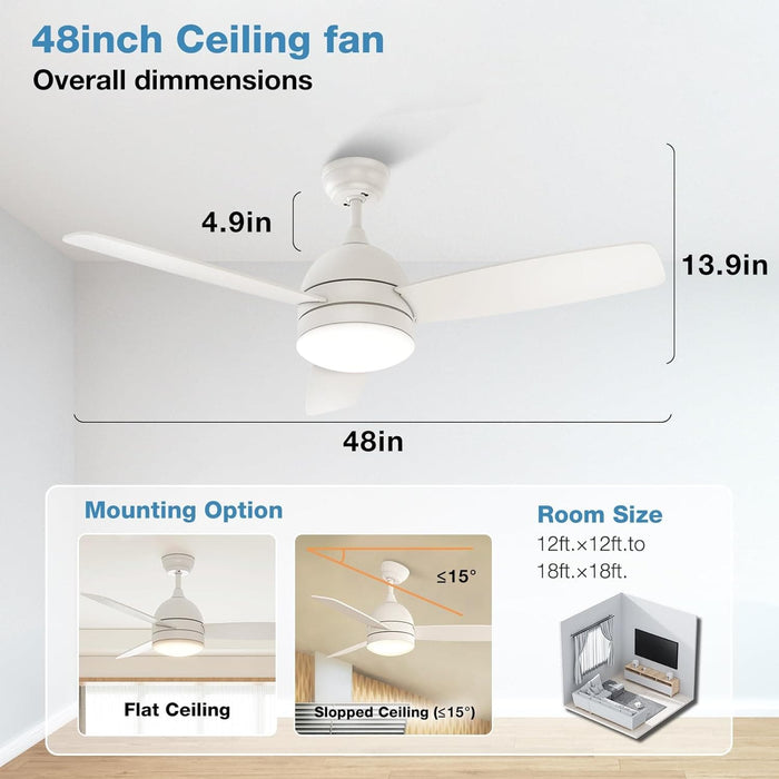 48 in. White Silent Ceiling Fan, Remote Control Ceiling Fan with Light, 3 Blade Ceiling Fan-6-ErisView