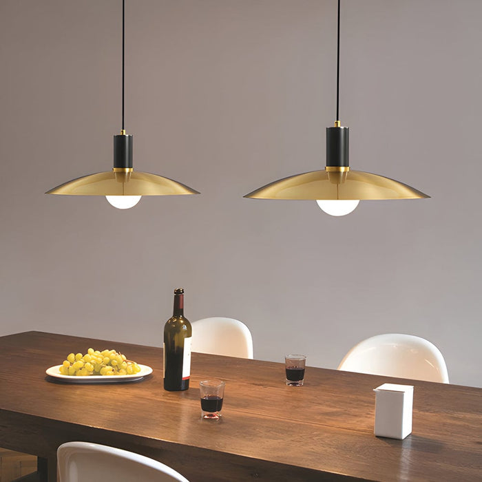 1-Light Mid-Century Brass Flared Pendant Light with White Glass Shade