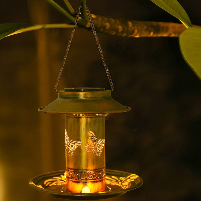 Retro Butterflies Hollow Metal Rustic Bird Feeder Solar Hanging Lights