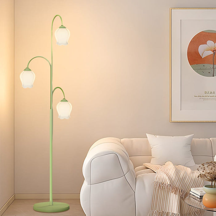 3 Flowers Pastoral Three Step Dimming Green Modern Floor Lamp Standing Lamp