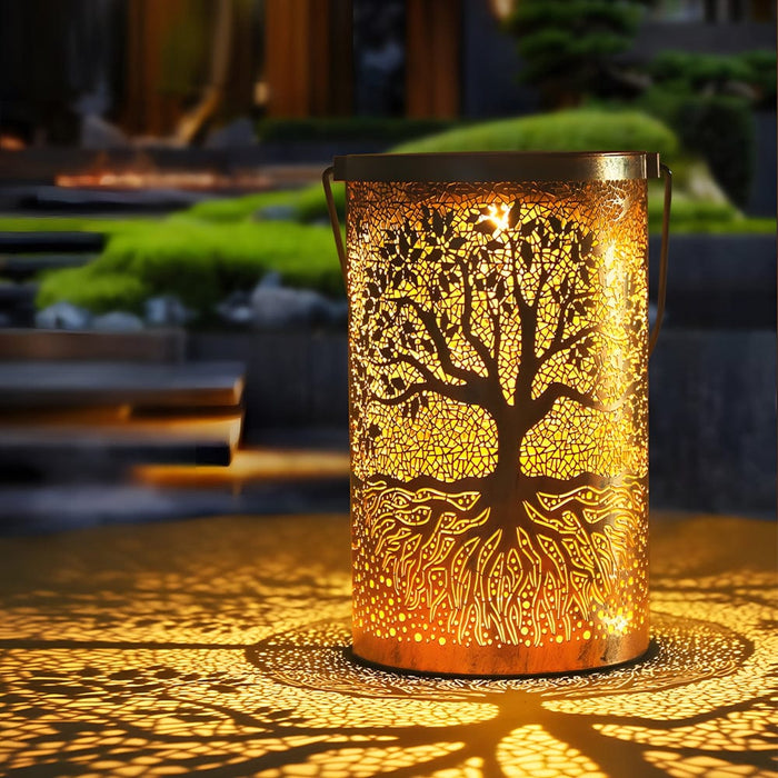 Portable Iron Hollow Tree Projection Waterproof Retro Hanging Solar Lanterns