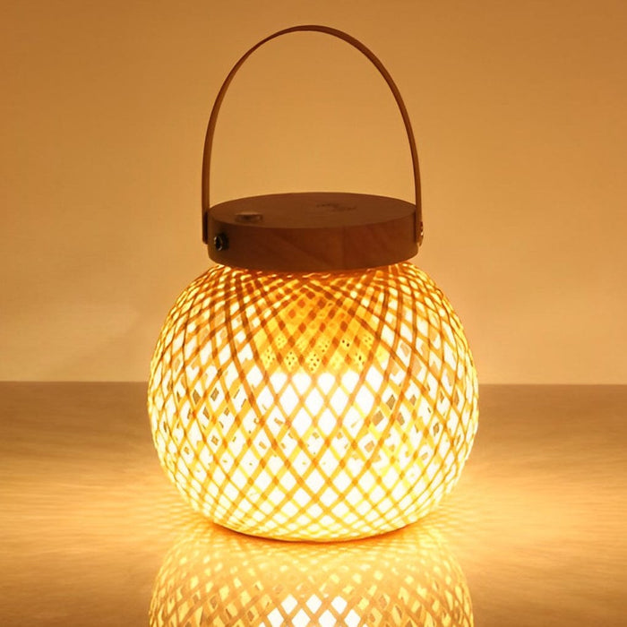 Portable Woven Shade Desk Lantern with Handle. Bamboo Table Lamp with Lid