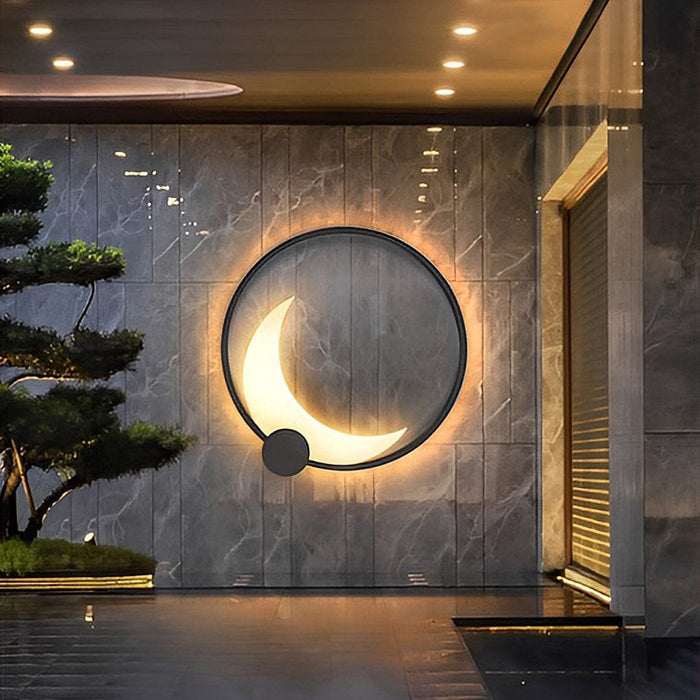 Round Moon Waterproof Black LED Wall Sconce Lighting Outdoor Wall Lamp