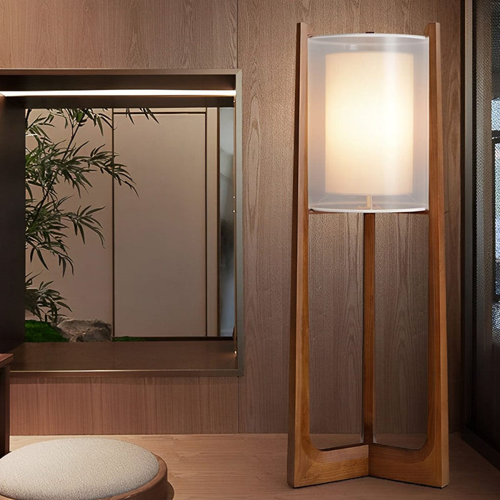Mid Century Wooden Floor Lamp With Fabric Shade LED 3 Step Dimming Standing Lamp