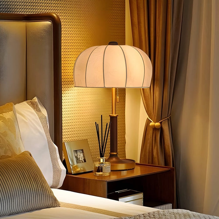 Vintage Wood Table Lamp with Fabric Dome Shade and Pull Switch