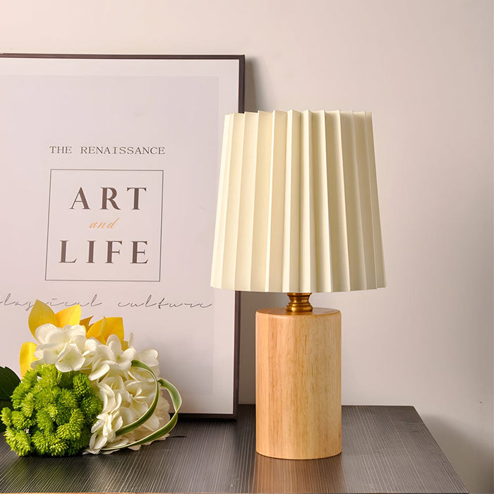 Pleated Drum Wood Cylinder Column Table Lamp. Vintage 1-light Changeable E27