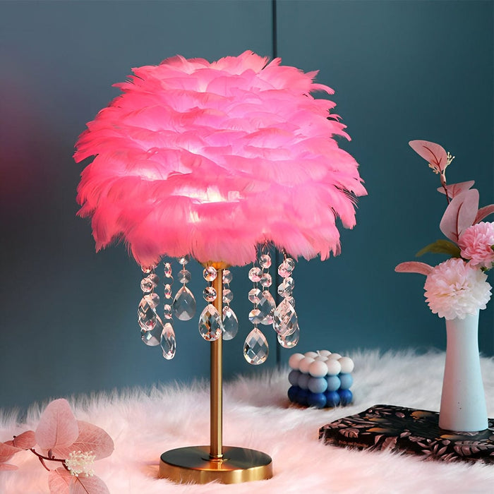Fluffy Goose Feather Table Lamp With Crystal Tassels Nordic Bedside Lighting